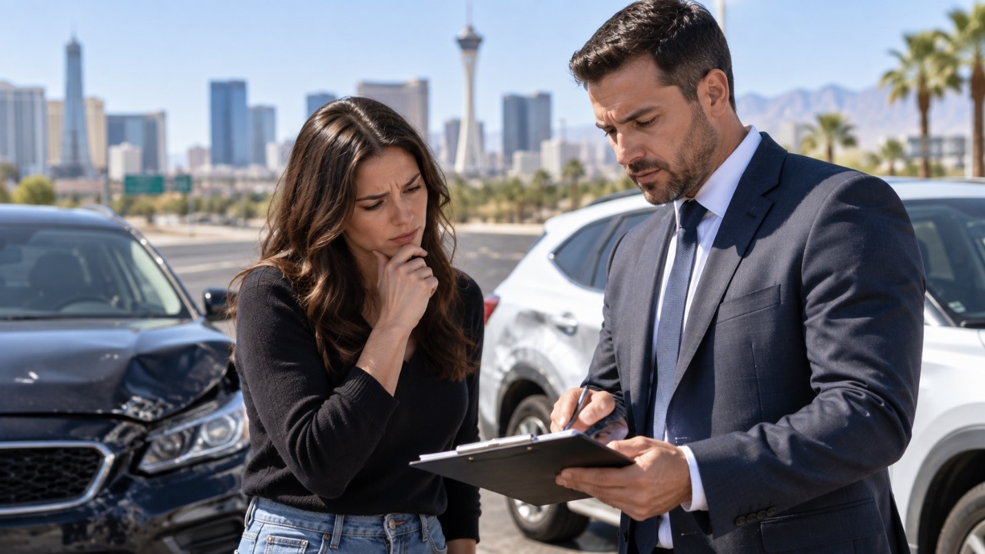 An attorney reviewing paperwork with a woman at the scene of a Las Vegas car accident, with damaged vehicles and the city skyline behind them