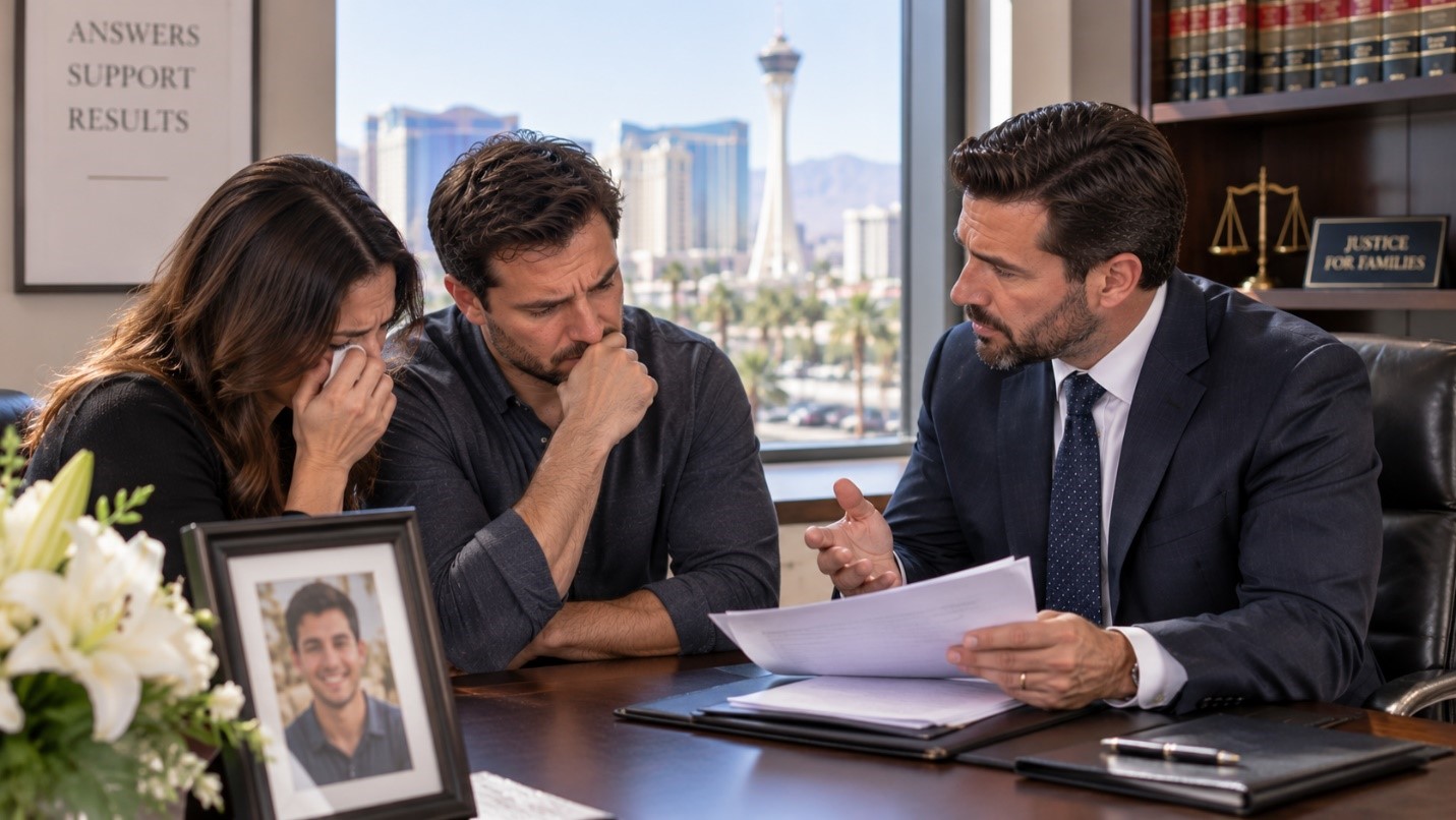 A grieving couple meeting with an attorney in his office, with a framed photo of their loved one on the table